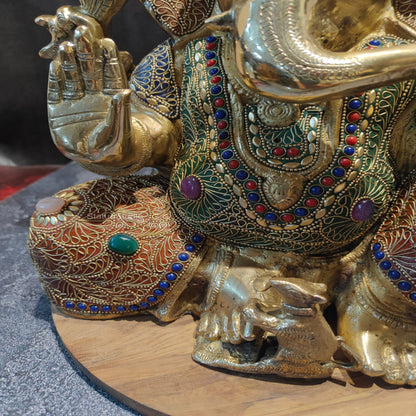 Brass Handcrafted Aashirwad Ganapati Idol With Stone Work 14 Inches by vendor-unknown - Hindu Gods (View 6)