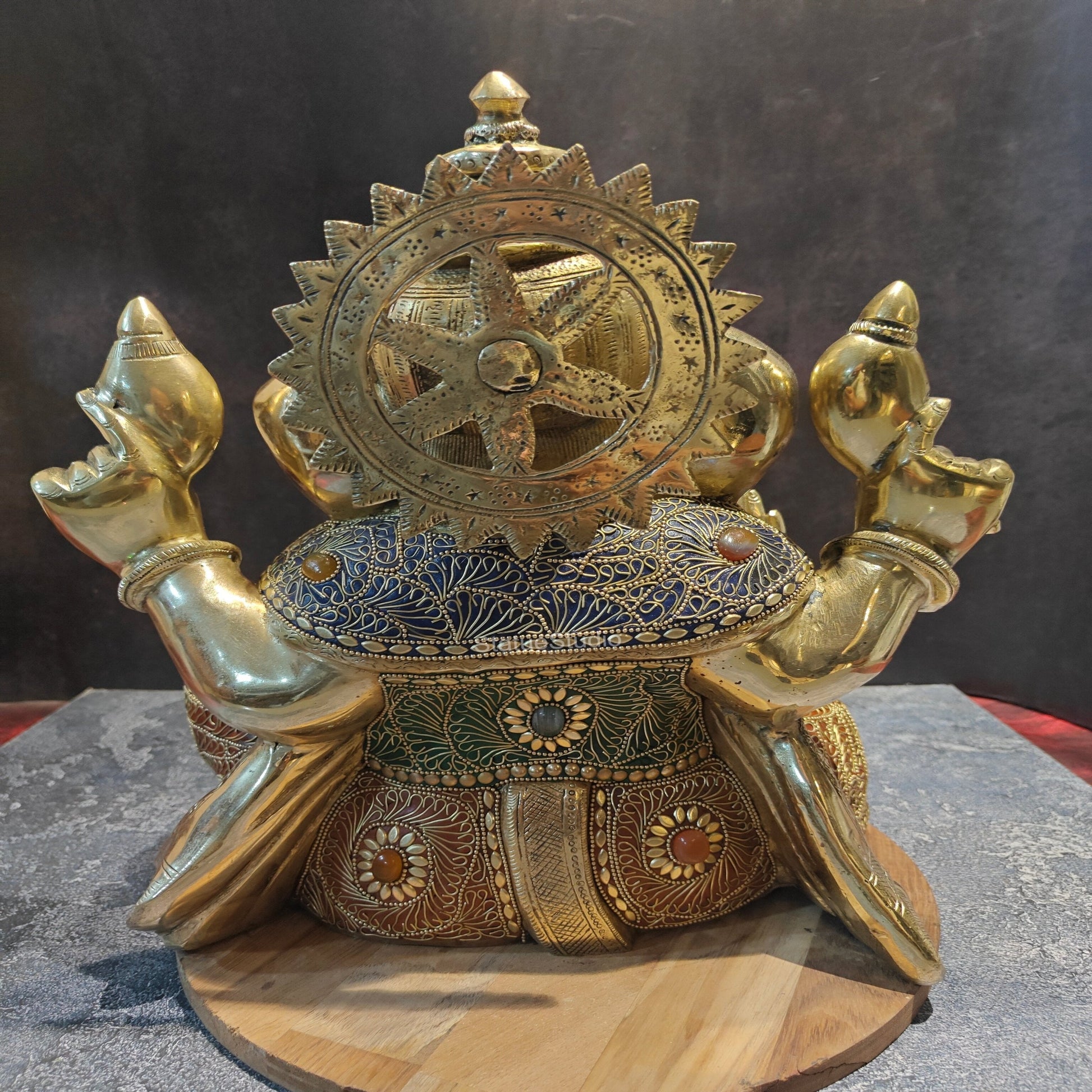 Brass Handcrafted Aashirwad Ganapati Idol With Stone Work 14 Inches - Image 7