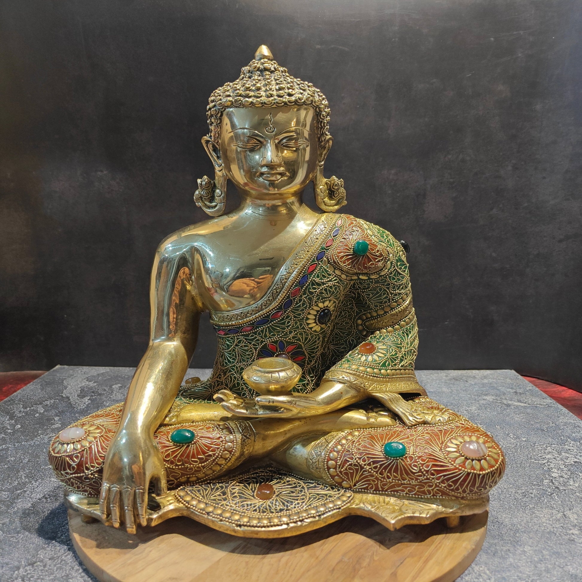 Brass Bhumisparsha Mudra Buddha Idol With Stone Work 16 Inches - Image 3
