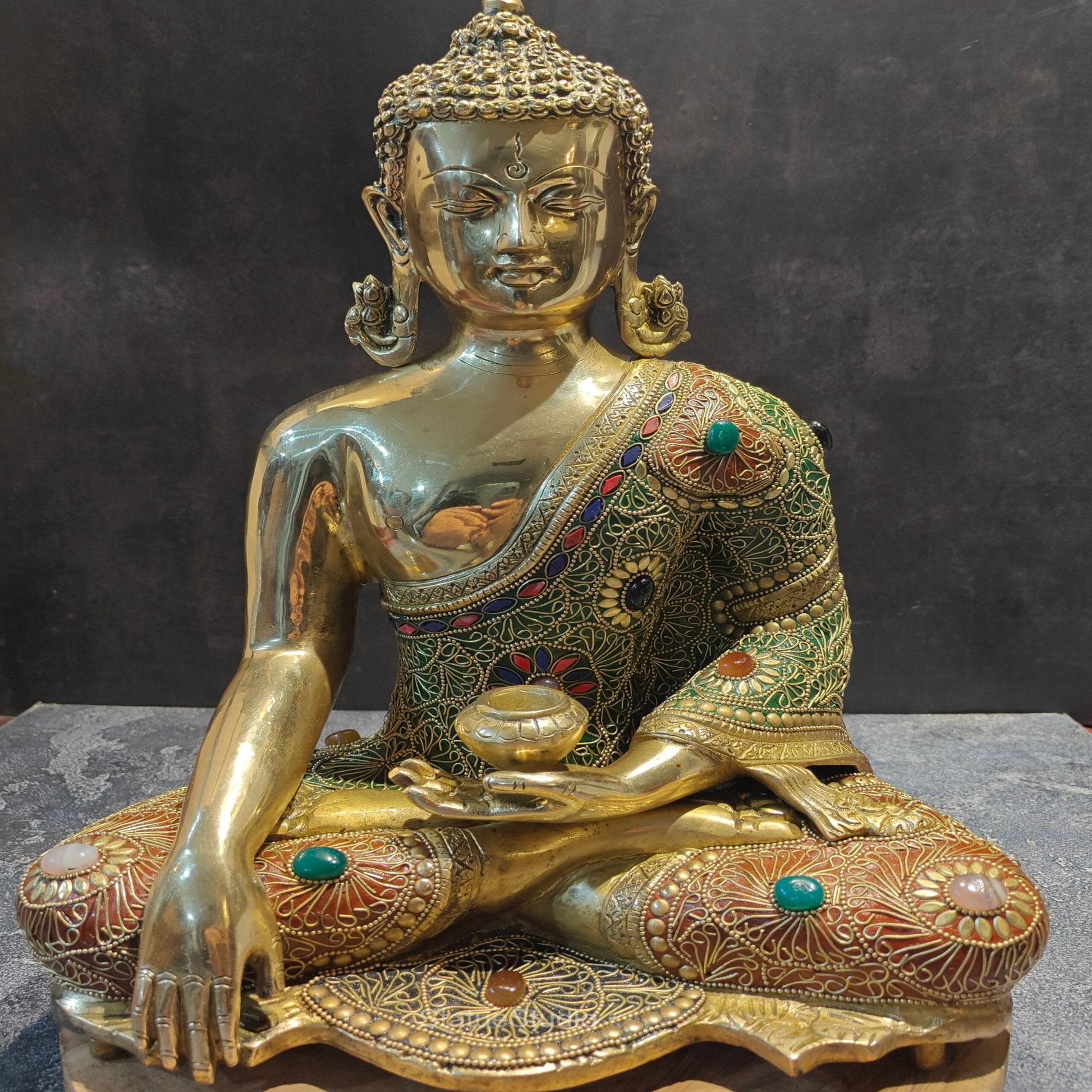 Brass Bhumisparsha Mudra Buddha Idol With Stone Work 16 Inches - Image 2