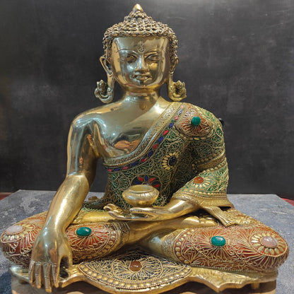 Brass Bhumisparsha Mudra Buddha Idol With Stone Work 16 Inches by vendor-unknown - Buddha (View 4)