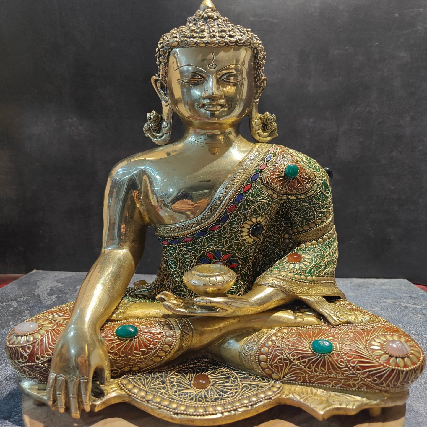 Brass Bhumisparsha Mudra Buddha Idol With Stone Work 16 Inches
