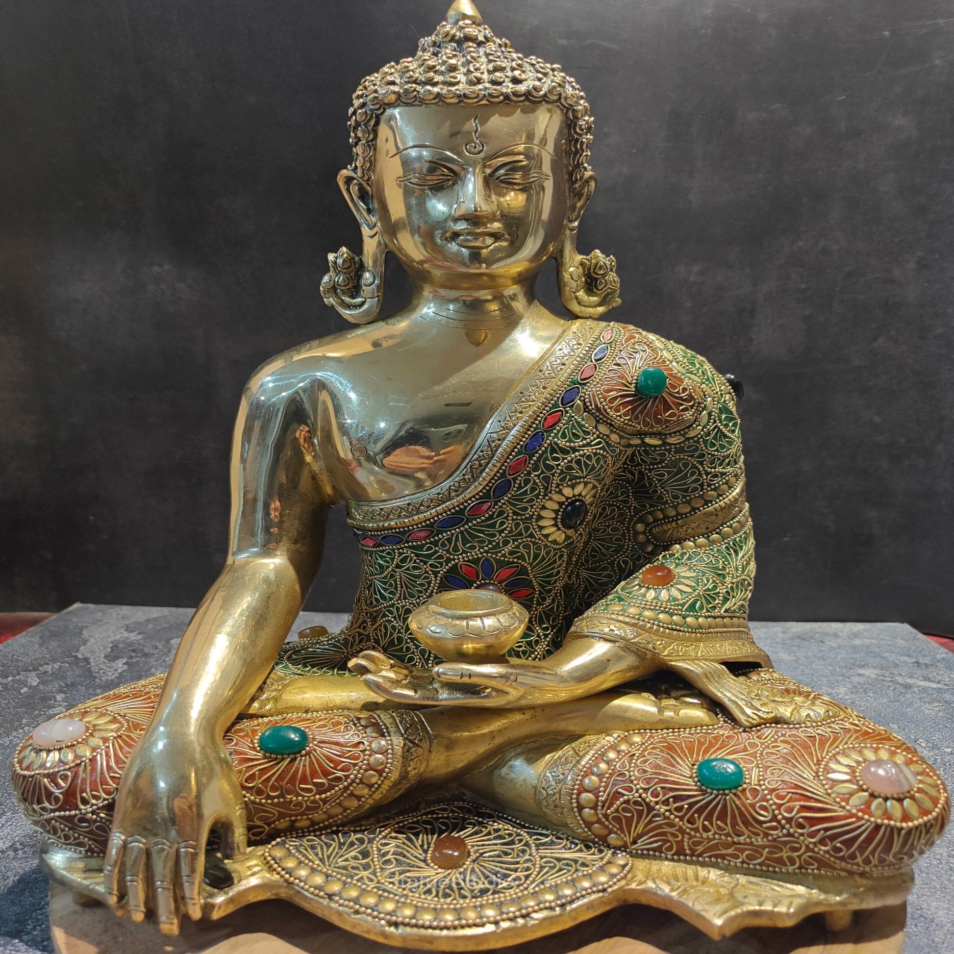 Brass Bhumisparsha Mudra Buddha Idol With Stone Work 16 Inches - Image 5