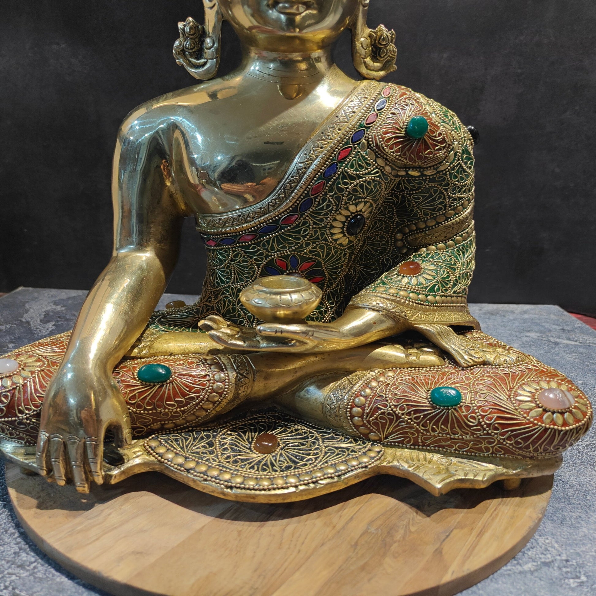 Brass Bhumisparsha Mudra Buddha Idol With Stone Work 16 Inches - Image 6