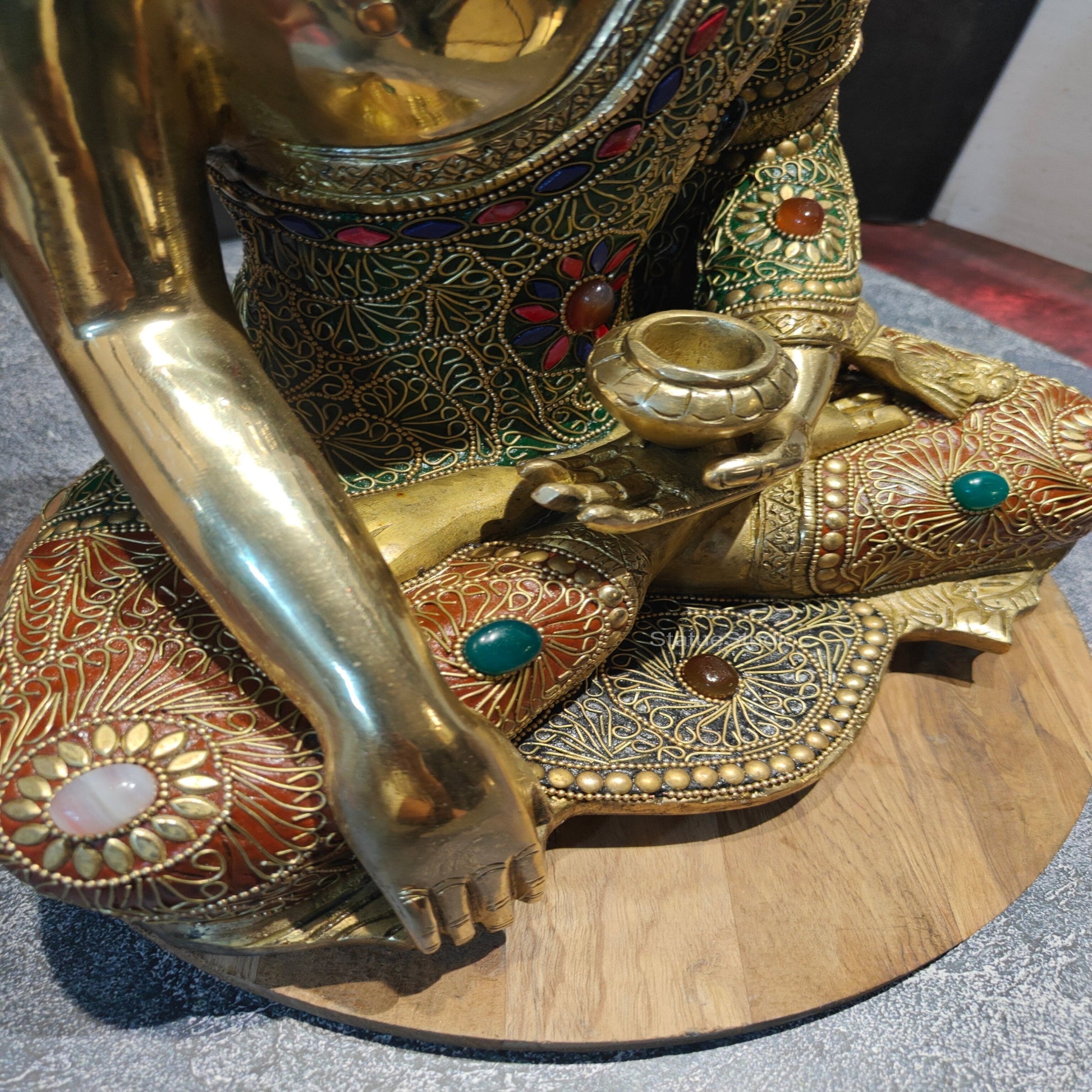 Brass Bhumisparsha Mudra Buddha Idol With Stone Work 16 Inches - Image 7