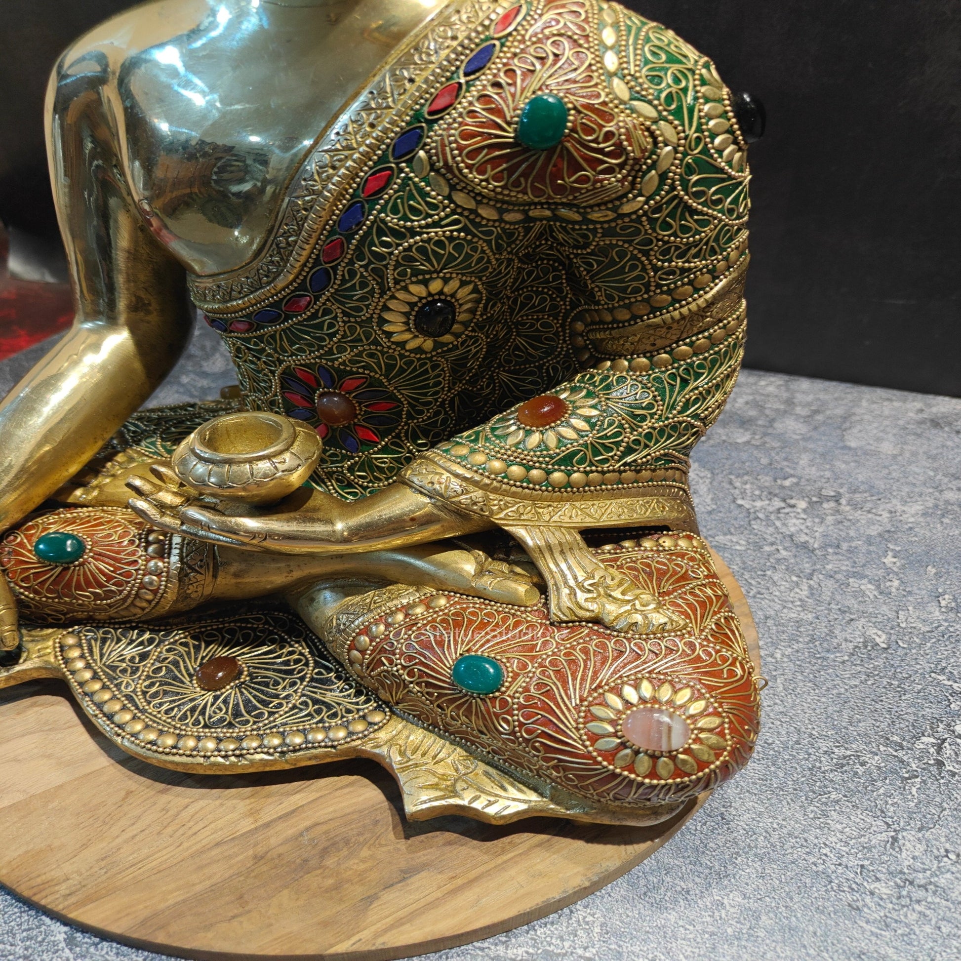 Brass Bhumisparsha Mudra Buddha Idol With Stone Work 16 Inches - Image 8