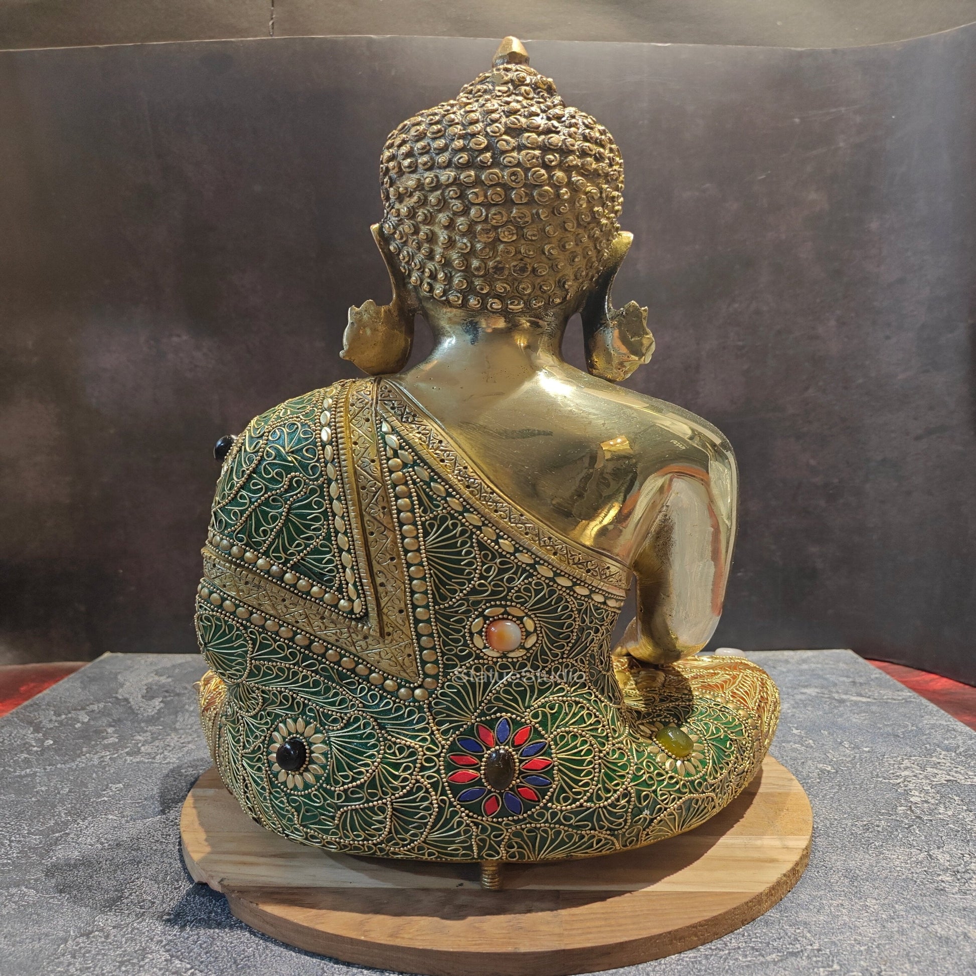 Brass Bhumisparsha Mudra Buddha Idol With Stone Work 16 Inches - Image 9