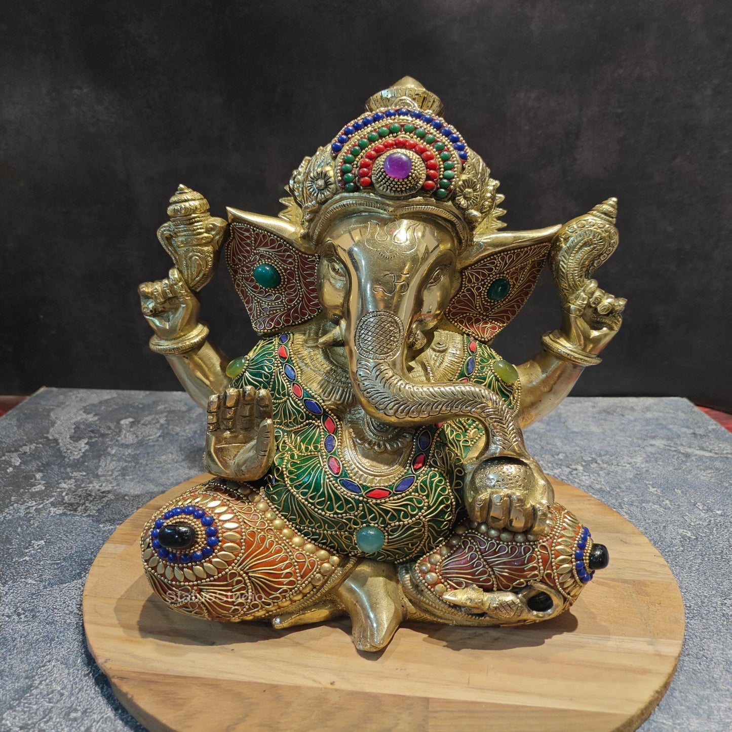 Brass Taj Ganesha Statue With Stone Work 1 Feet