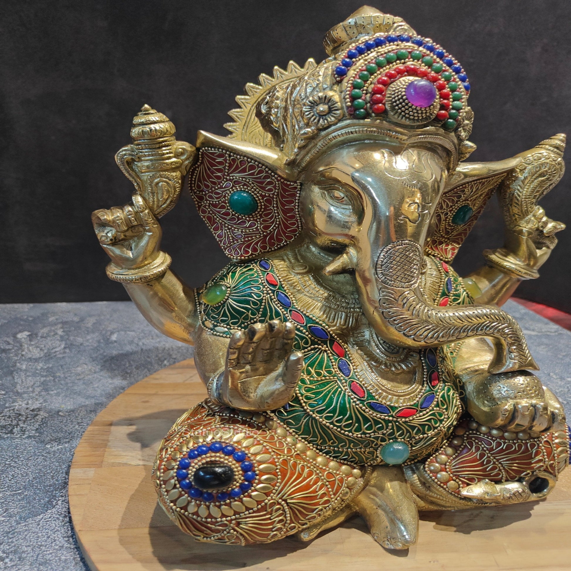 Brass Taj Ganesha Statue With Stone Work 1 Feet - Image 3