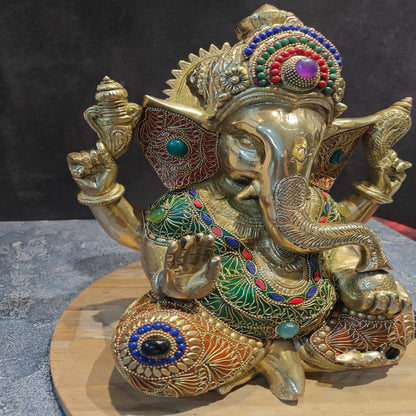 Brass Taj Ganesha Statue With Stone Work 1 Feet by vendor-unknown - Hindu Gods (View 3)