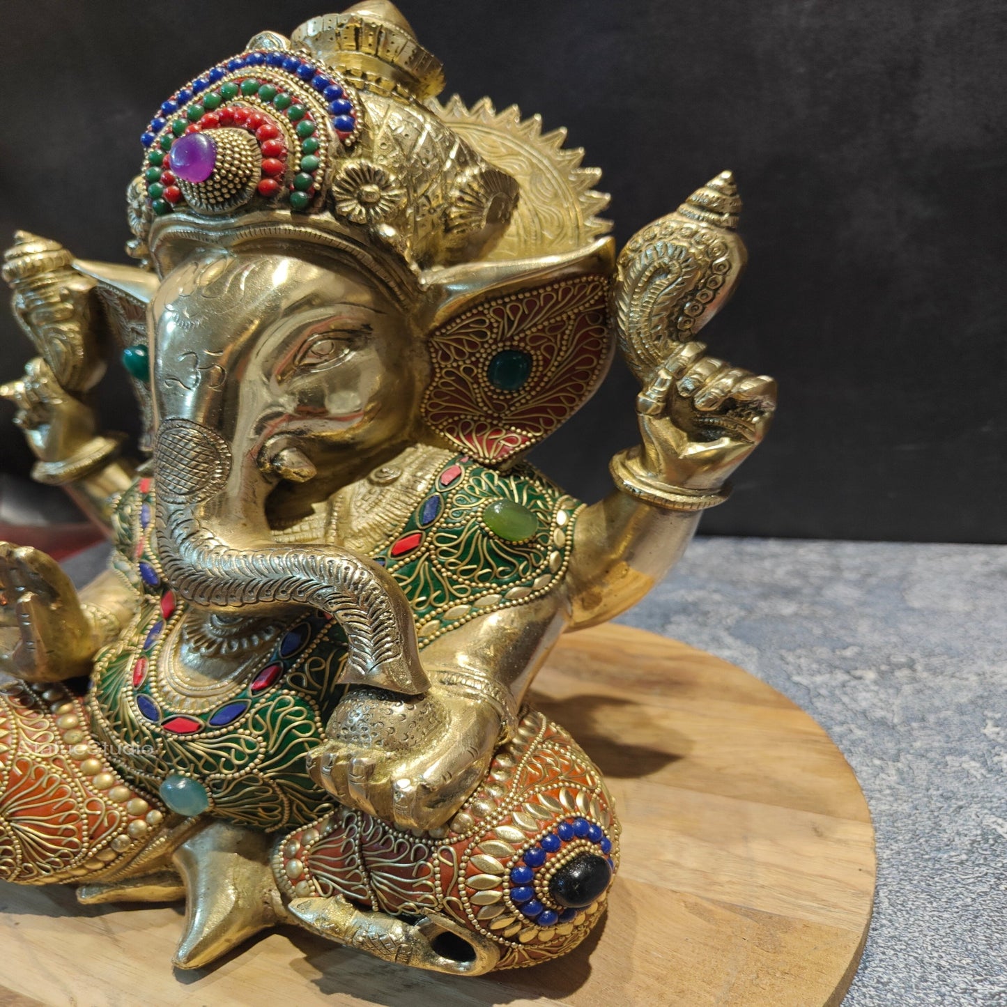 Brass Taj Ganesha Statue With Stone Work 1 Feet