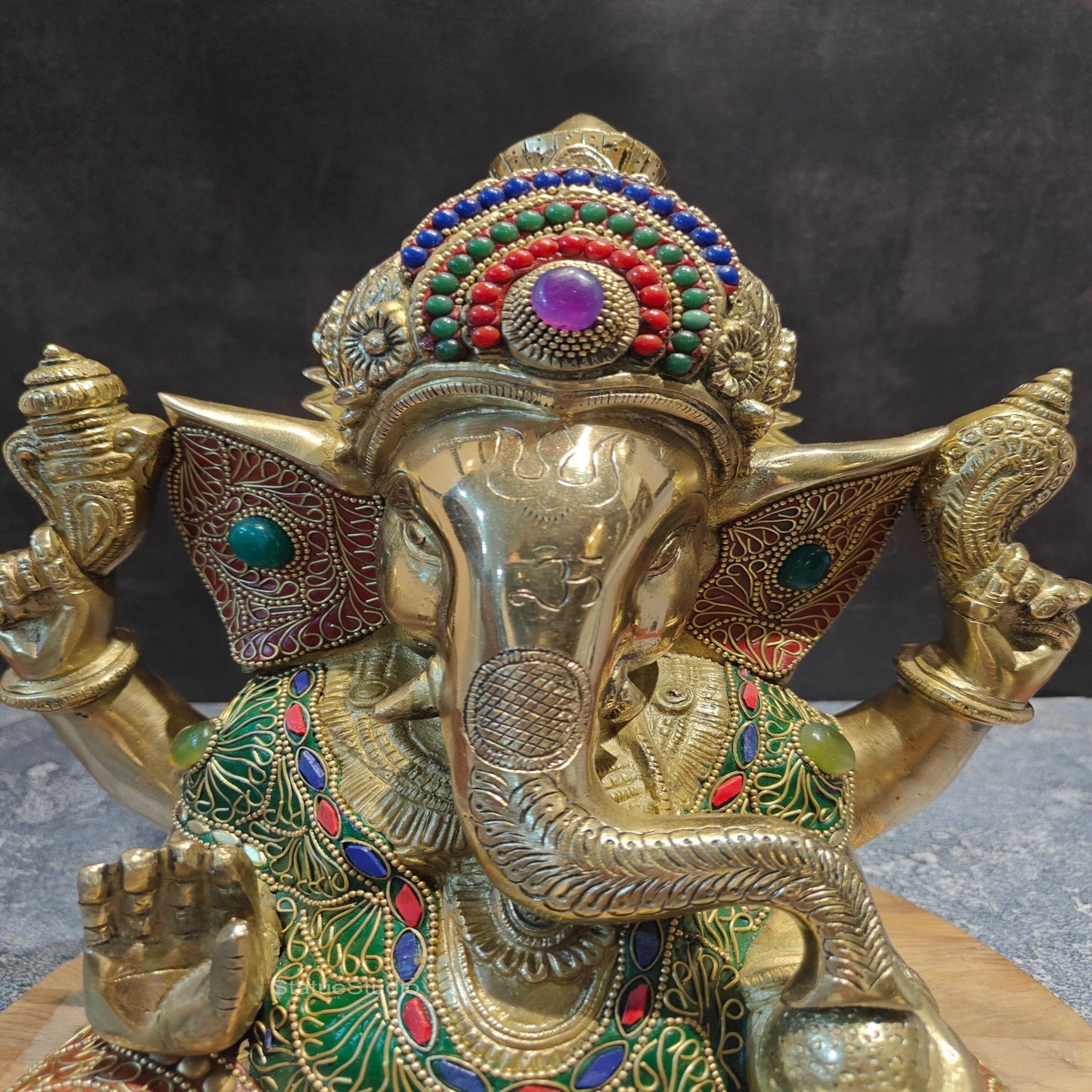 Brass Taj Ganesha Statue With Stone Work 1 Feet