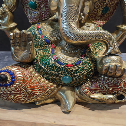 Brass Taj Ganesha Statue With Stone Work 1 Feet by vendor-unknown - Hindu Gods (View 6)