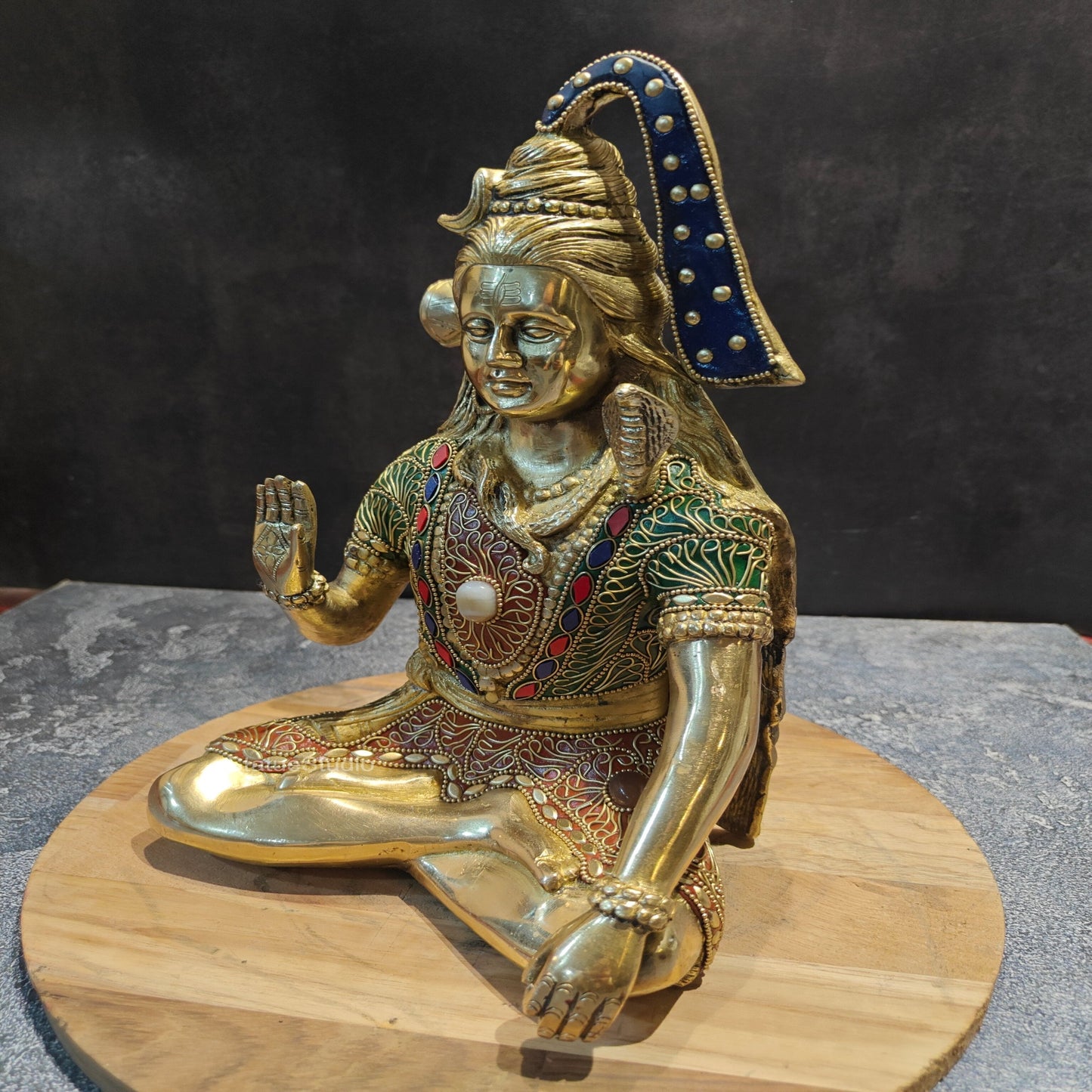 Brass Blessing Lord Shiva Statue With Stone Work 1 Feet
