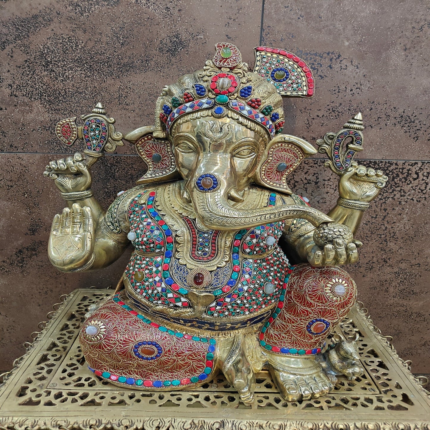 Brass Large Majestic Ganesha Sculpture With Stone Work 20 Inches