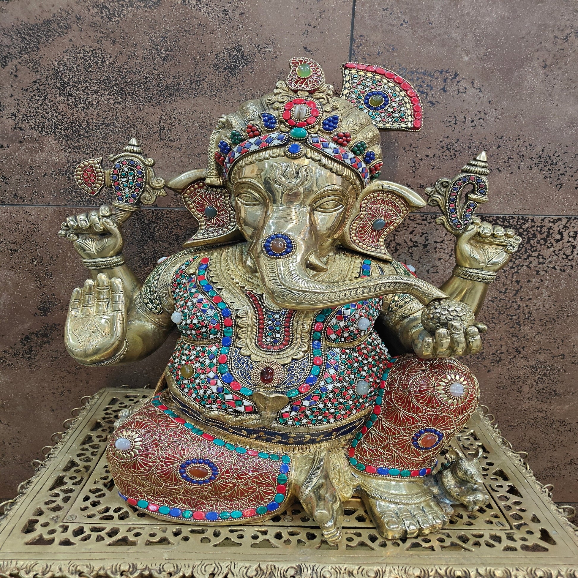 Brass Large Majestic Ganesha Sculpture With Stone Work 20 Inches - Image 4