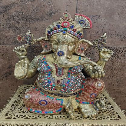 Brass Large Majestic Ganesha Sculpture With Stone Work 20 Inches by vendor-unknown - Hindu Gods (View 4)