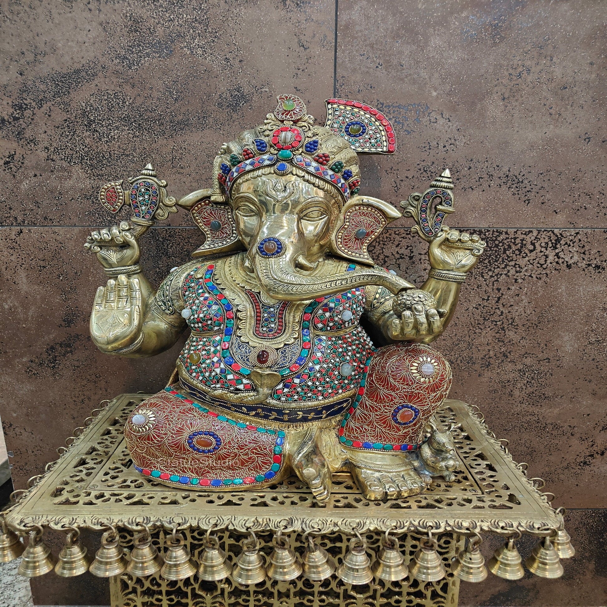 Brass Large Majestic Ganesha Sculpture With Stone Work 20 Inches - Image 5