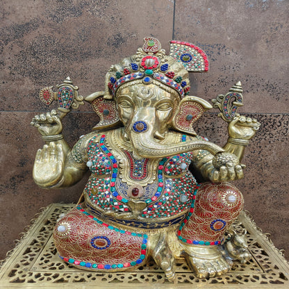 Brass Large Majestic Ganesha Sculpture With Stone Work 20 Inches by vendor-unknown - Hindu Gods (View 2)