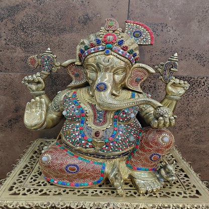 Brass Large Majestic Ganesha Sculpture With Stone Work 20 Inches by vendor-unknown - Hindu Gods (View 6)