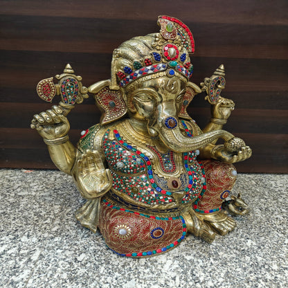 Brass Large Majestic Ganesha Sculpture With Stone Work 20 Inches by vendor-unknown - Hindu Gods (View 7)