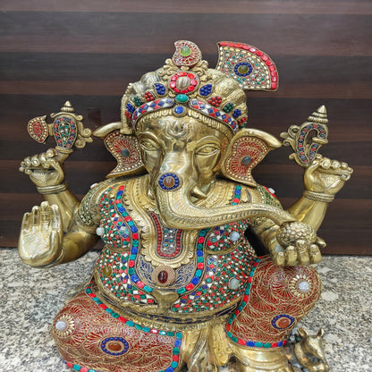 Brass Large Majestic Ganesha Sculpture With Stone Work 20 Inches by vendor-unknown - Hindu Gods (View 8)