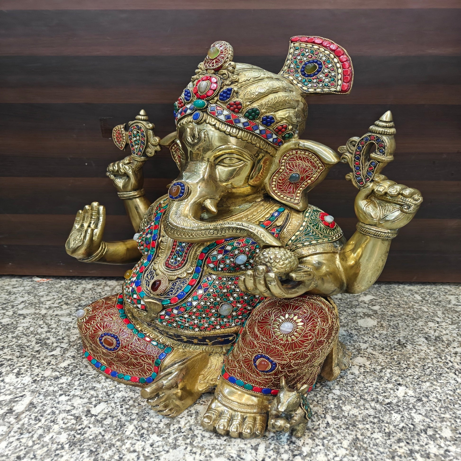 Brass Large Majestic Ganesha Sculpture With Stone Work 20 Inches - Image 11