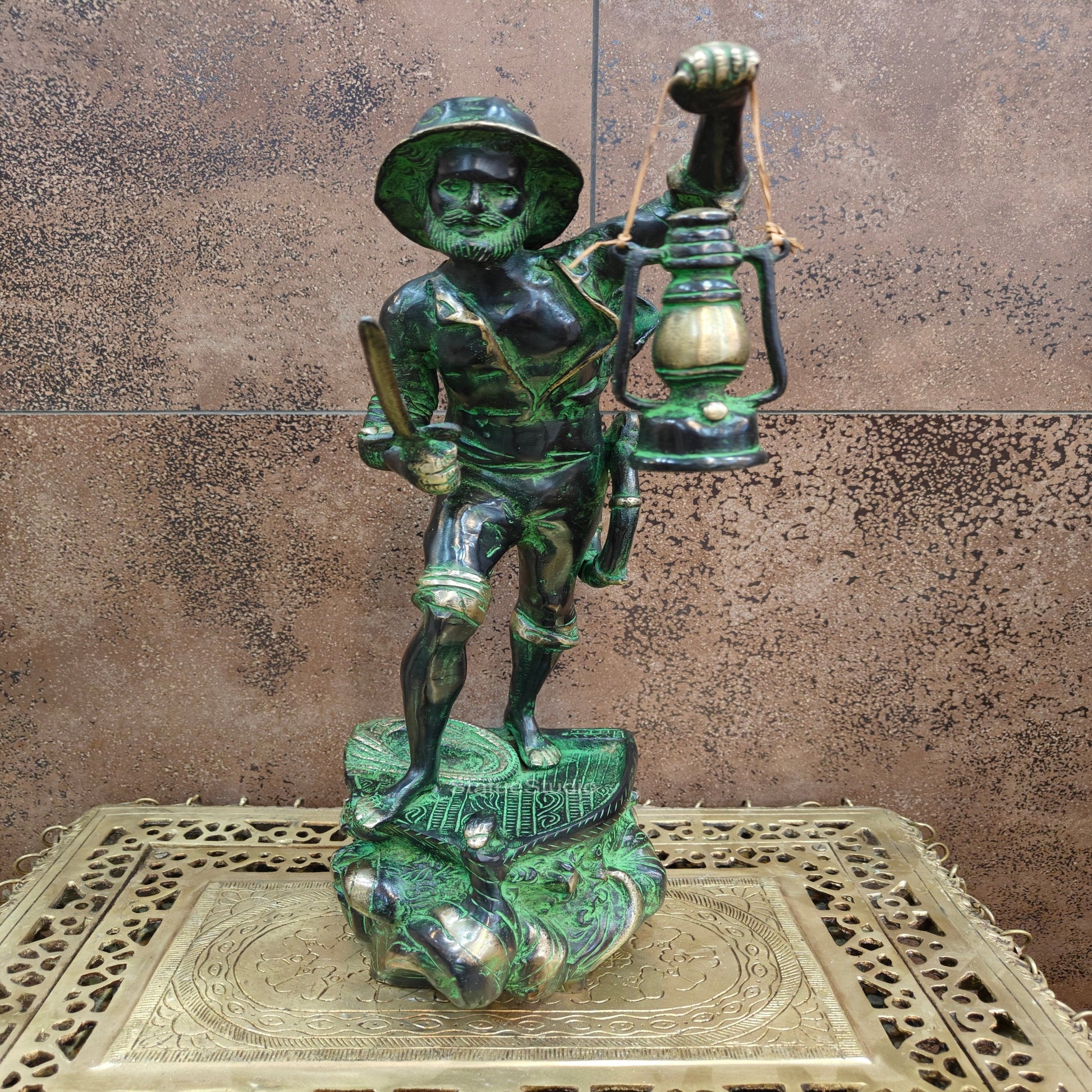 Brass Pirate Warrior Decor Showpiece With Lantern and Sword 1.5 Feet - Image 2