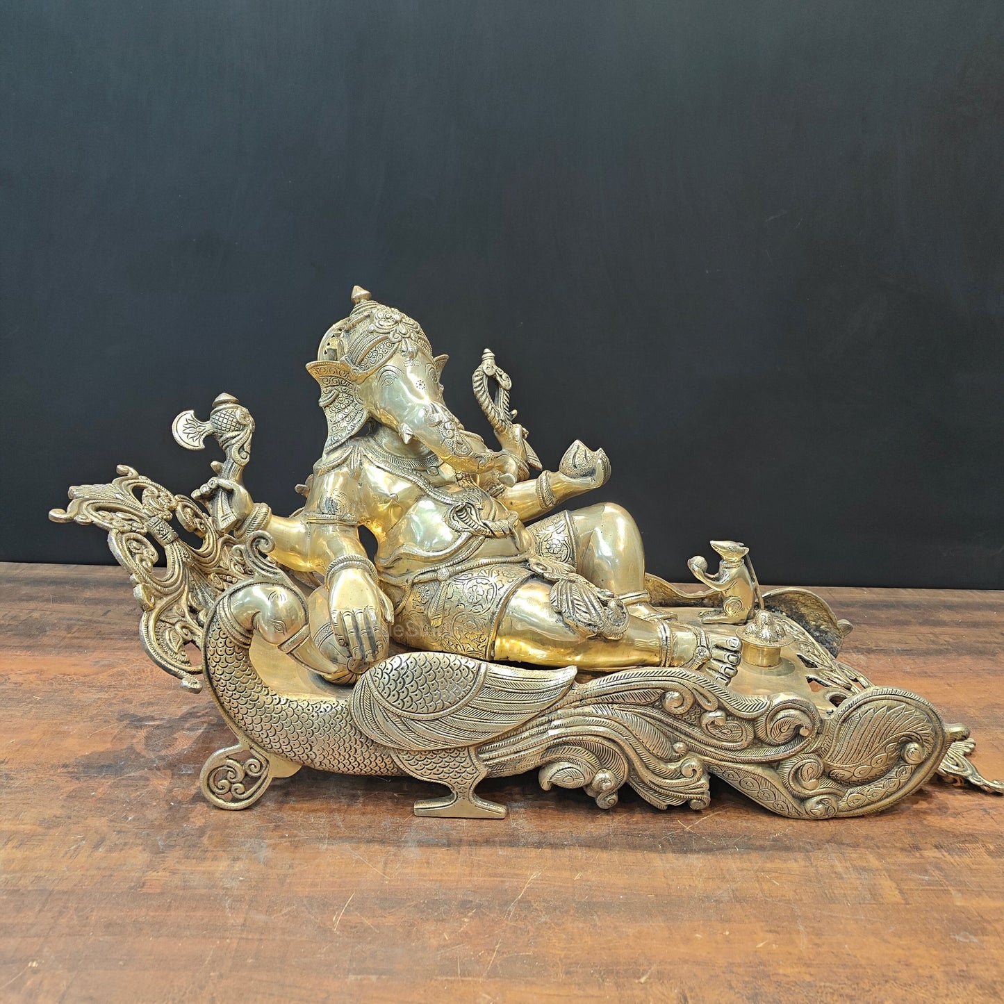 Brass Large Ganesha Idol Sitting on Peacock Throne 32 Inches