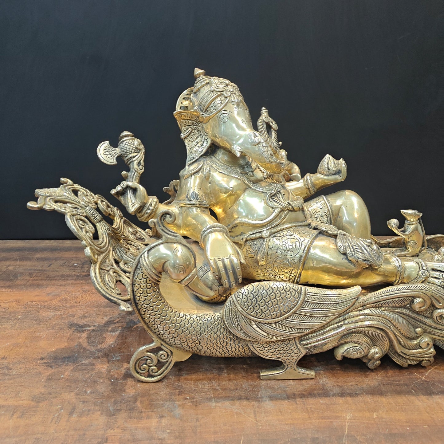 Brass Large Ganesha Idol Sitting on Peacock Throne 32 Inches