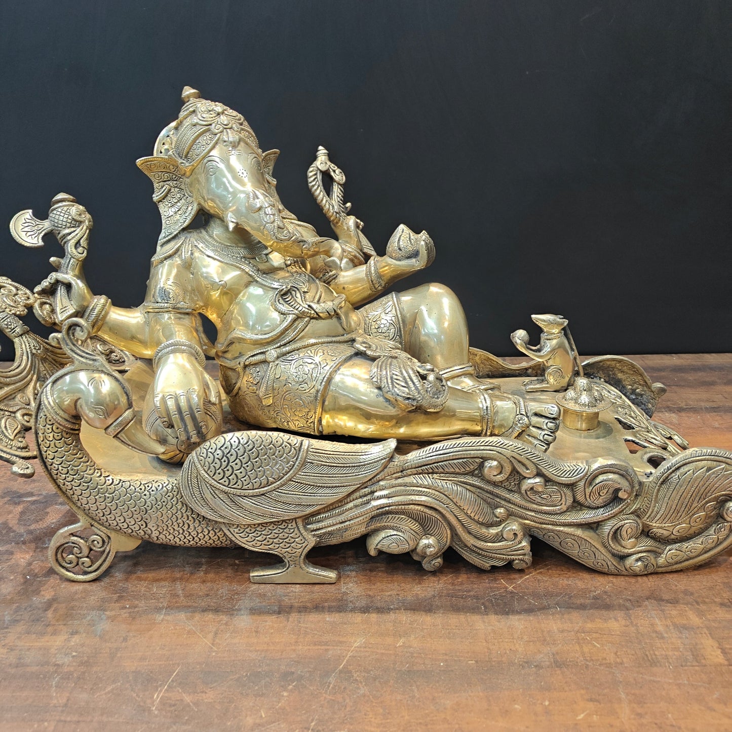 Brass Large Ganesha Idol Sitting on Peacock Throne 32 Inches