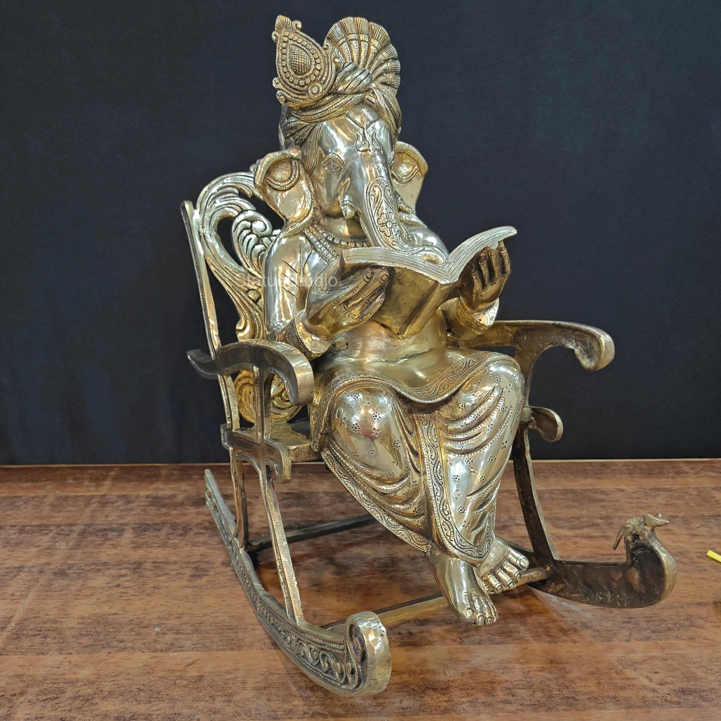Brass Ganesha Statue Reading Book On Rocking Chair 2 Feet