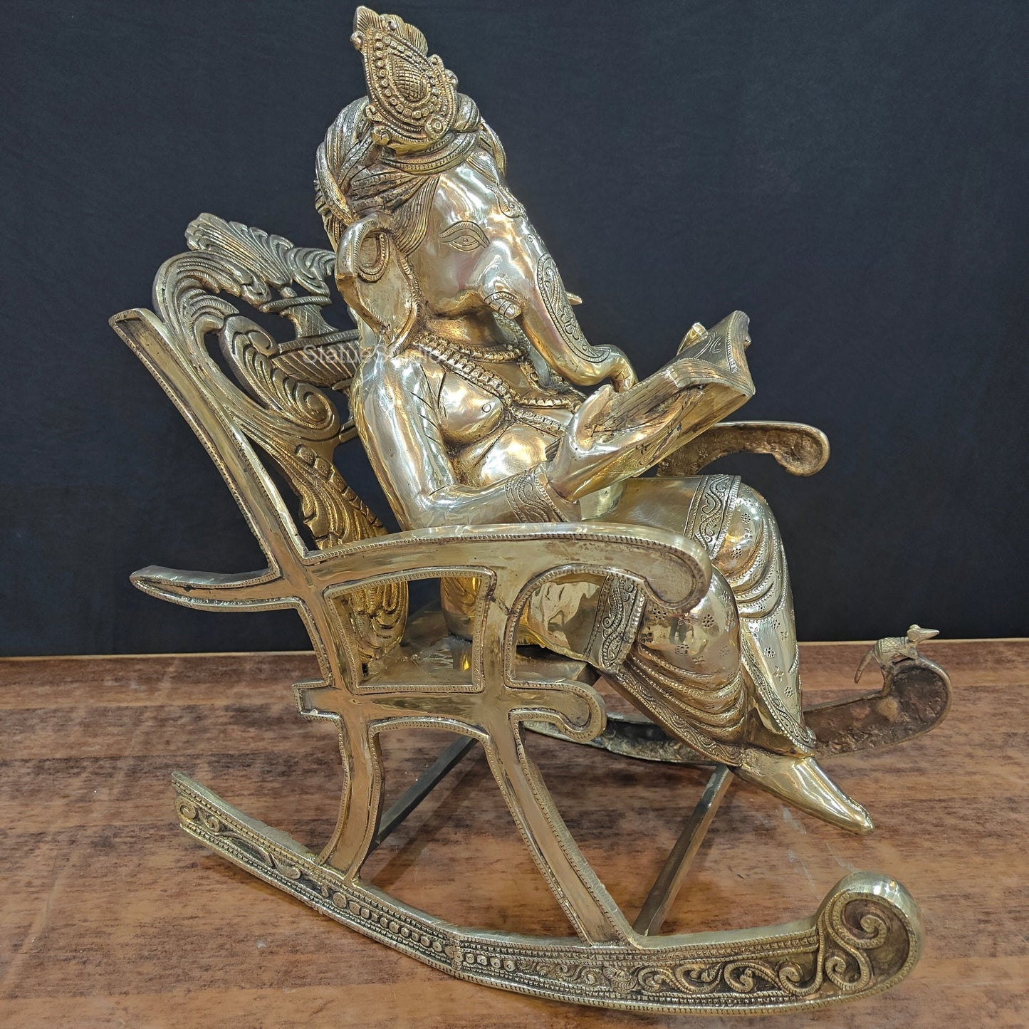 Brass Ganesha Statue Reading Book On Rocking Chair 2 Feet