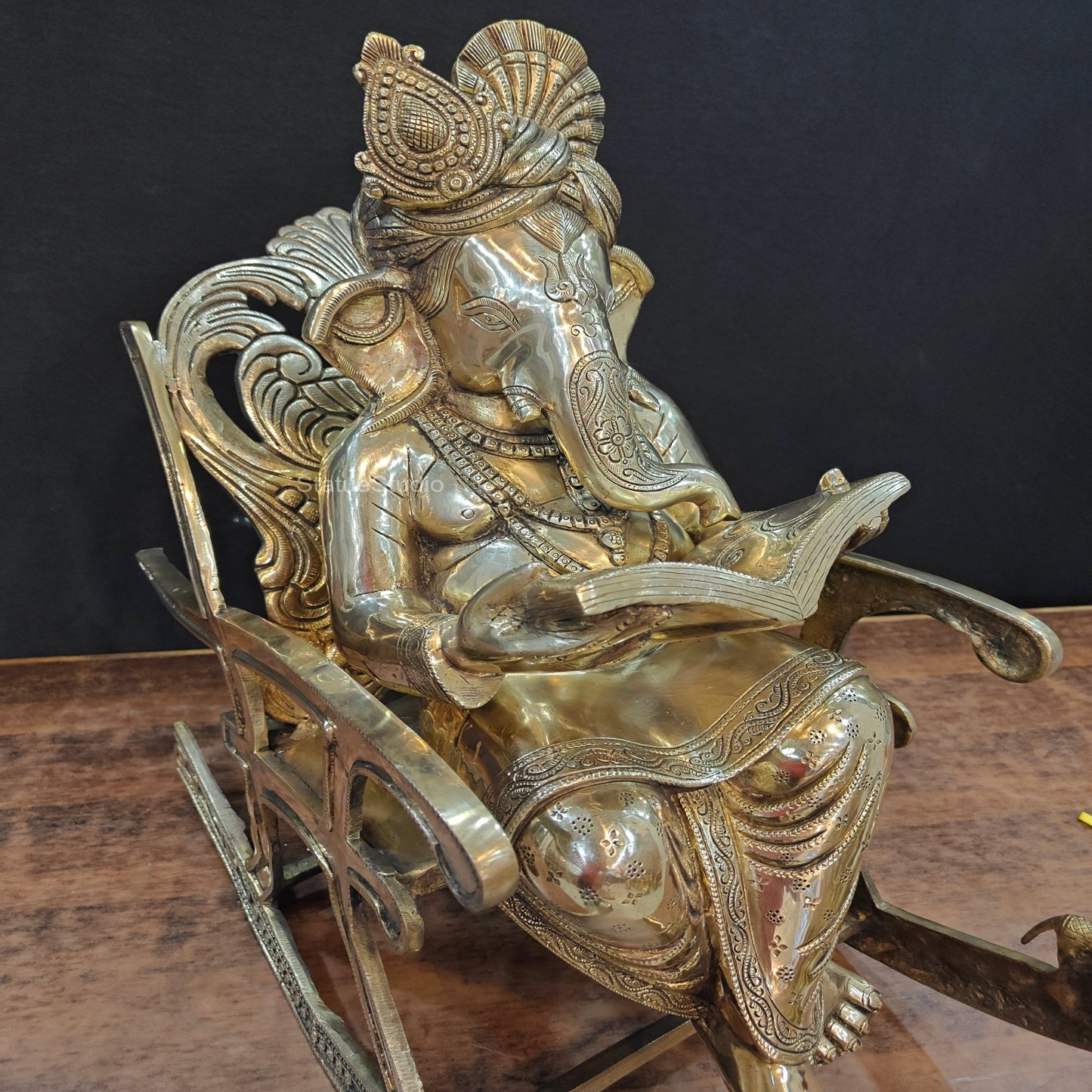 Brass Ganesha Statue Reading Book On Rocking Chair 2 Feet