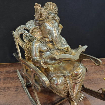 Brass Ganesha Statue Reading Book On Rocking Chair 2 Feet by vendor-unknown - Hindu Gods (View 2)
