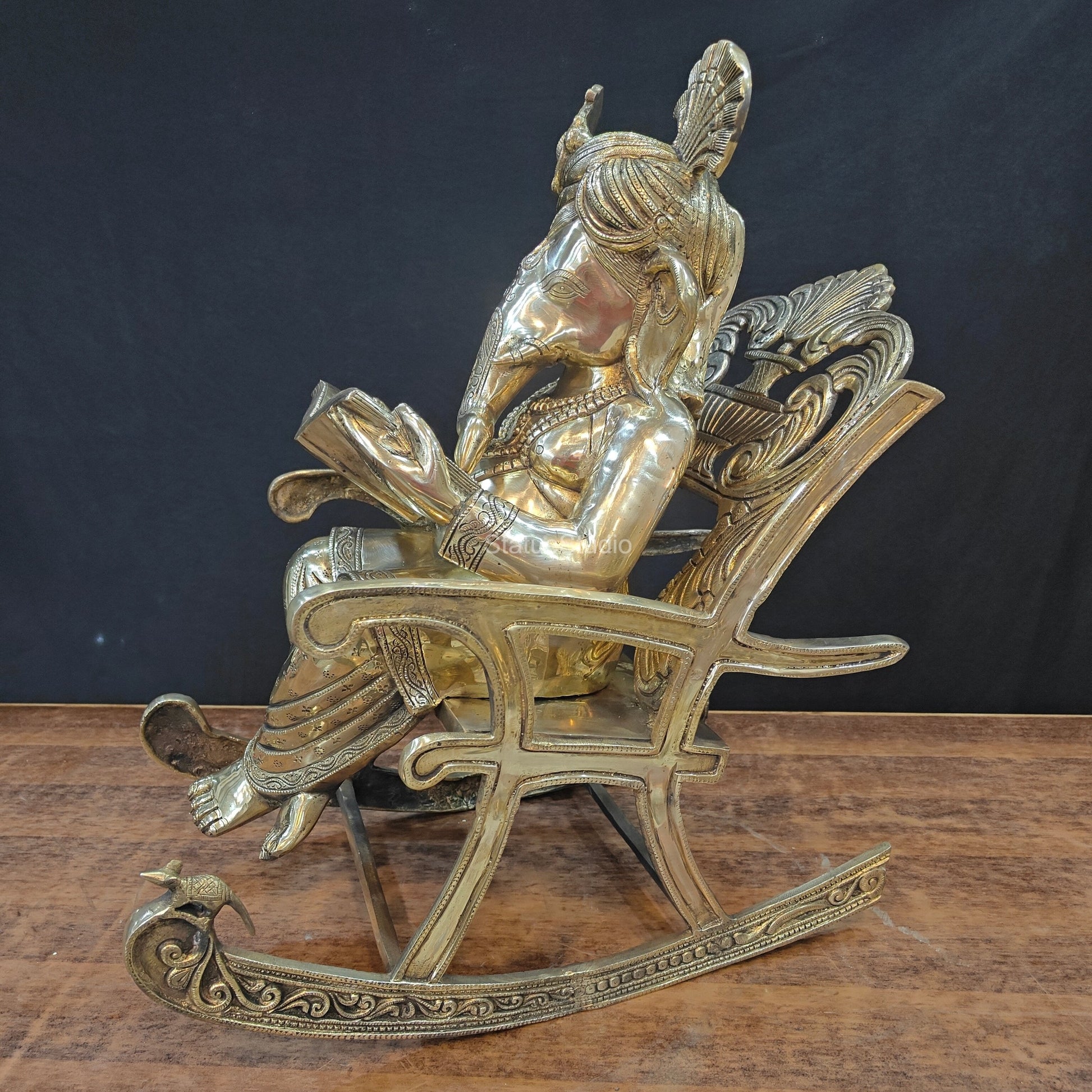 Brass Ganesha Statue Reading Book On Rocking Chair 2 Feet - Image 7