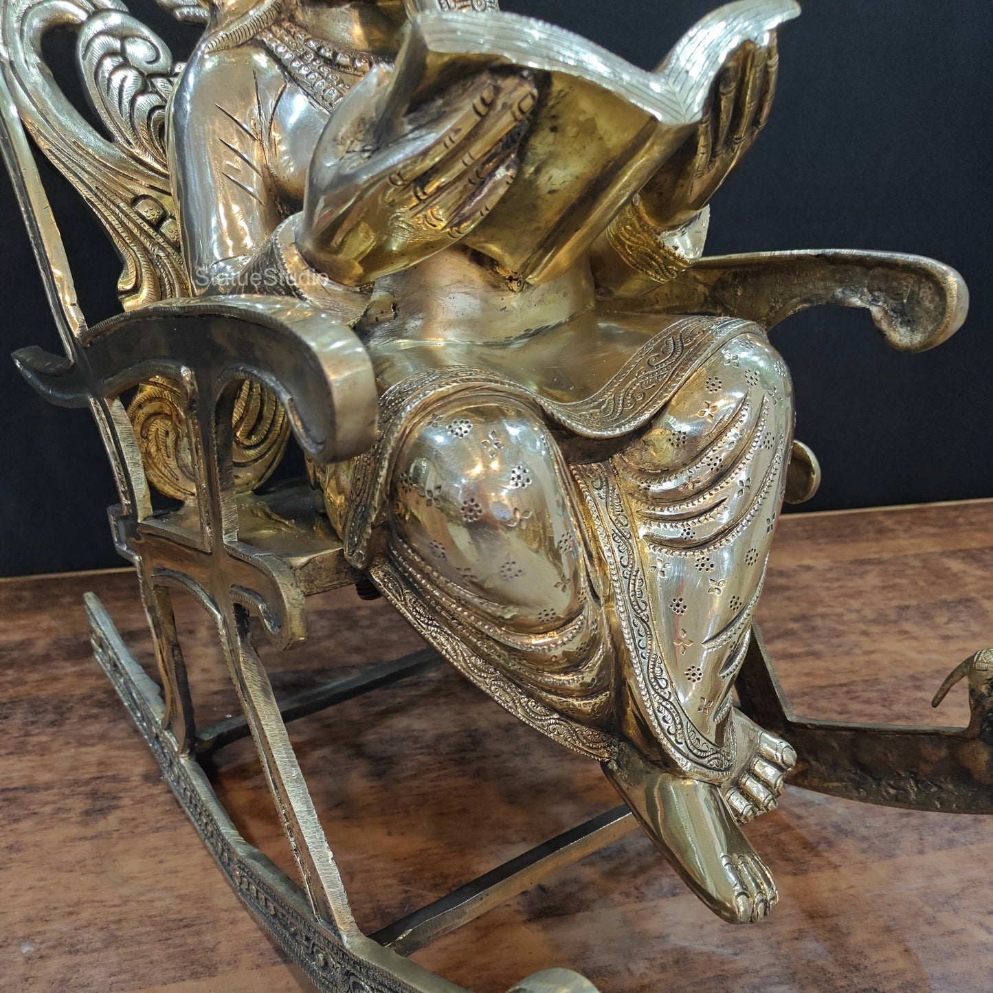 Brass Ganesha Statue Reading Book On Rocking Chair 2 Feet