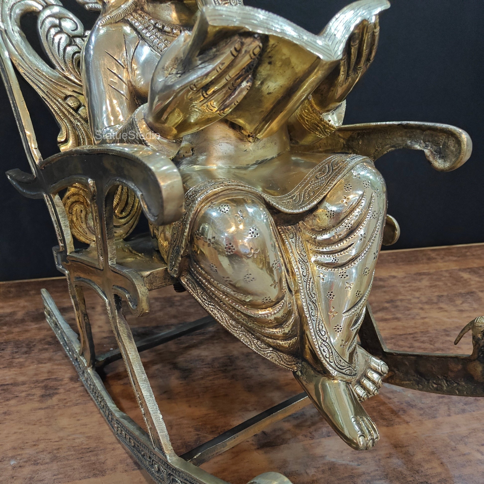 Brass Ganesha Statue Reading Book On Rocking Chair 2 Feet - Image 8