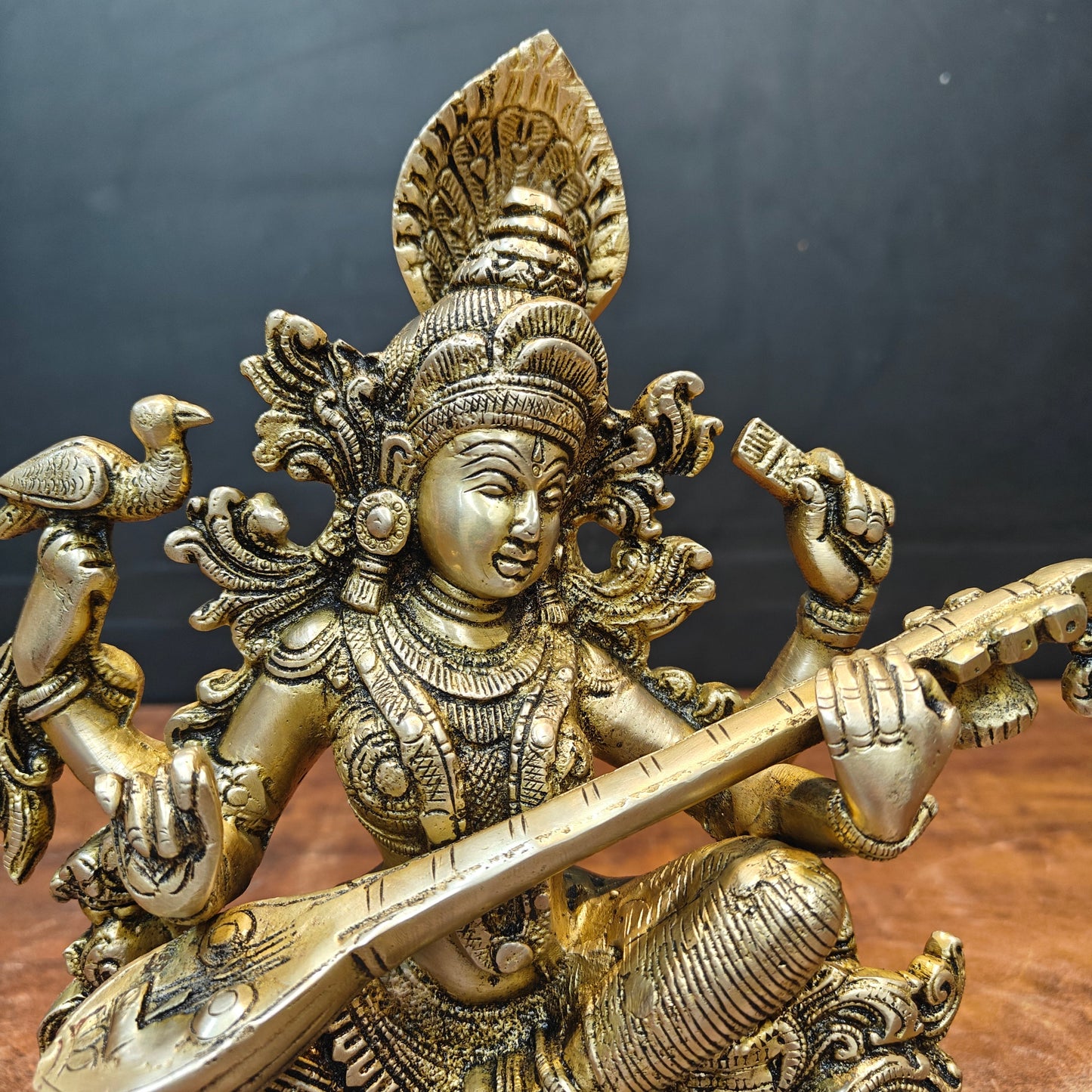Brass Goddess Saraswati Idol Playing Veena 11 Inches