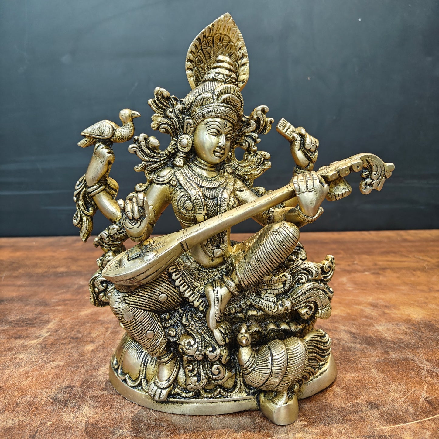 Brass Goddess Saraswati Idol Playing Veena 11 Inches