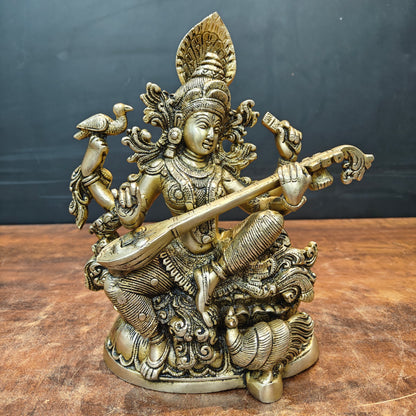 Brass Goddess Saraswati Idol Playing Veena 11 Inches by vendor-unknown - Hindu Gods (View 3)
