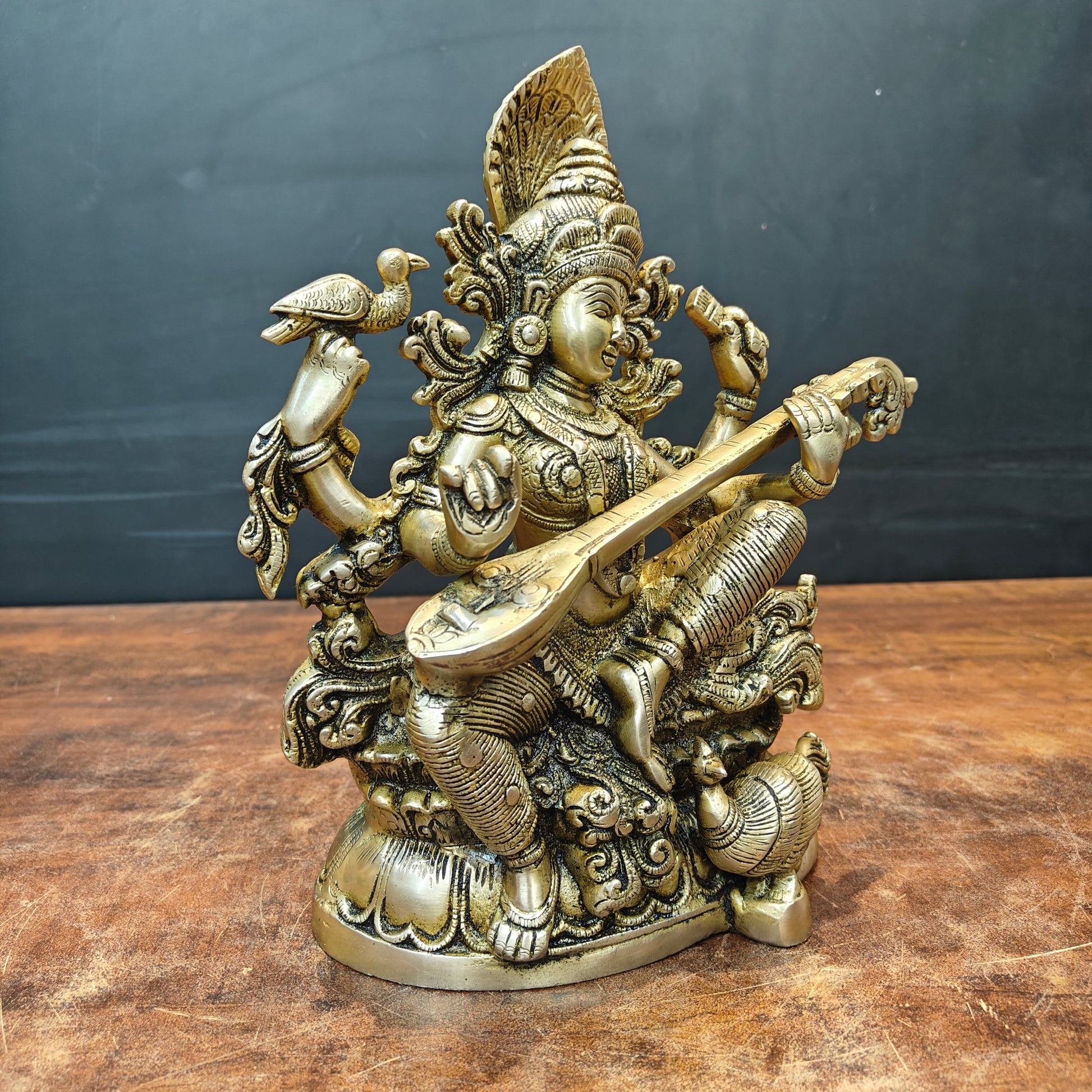 Brass Goddess Saraswati Idol Playing Veena 11 Inches - Image 4