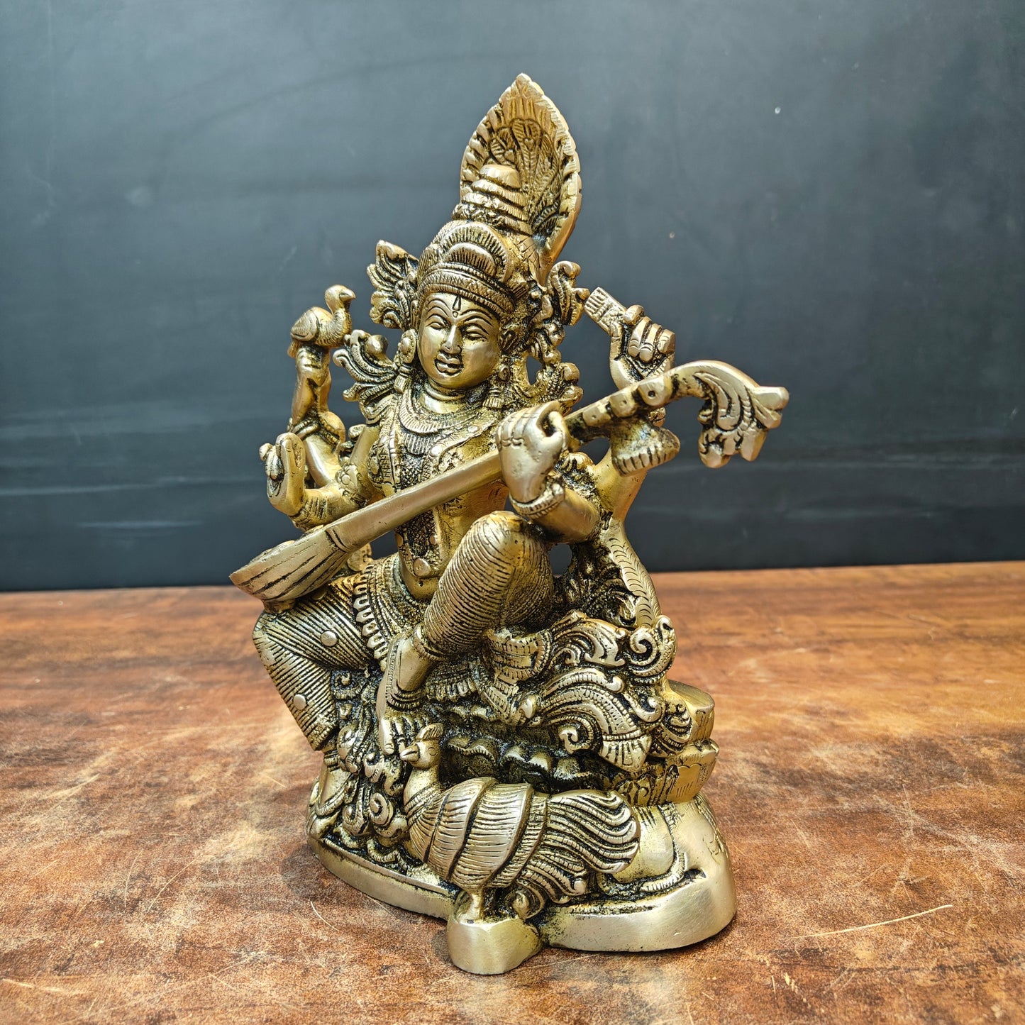 Brass Goddess Saraswati Idol Playing Veena 11 Inches