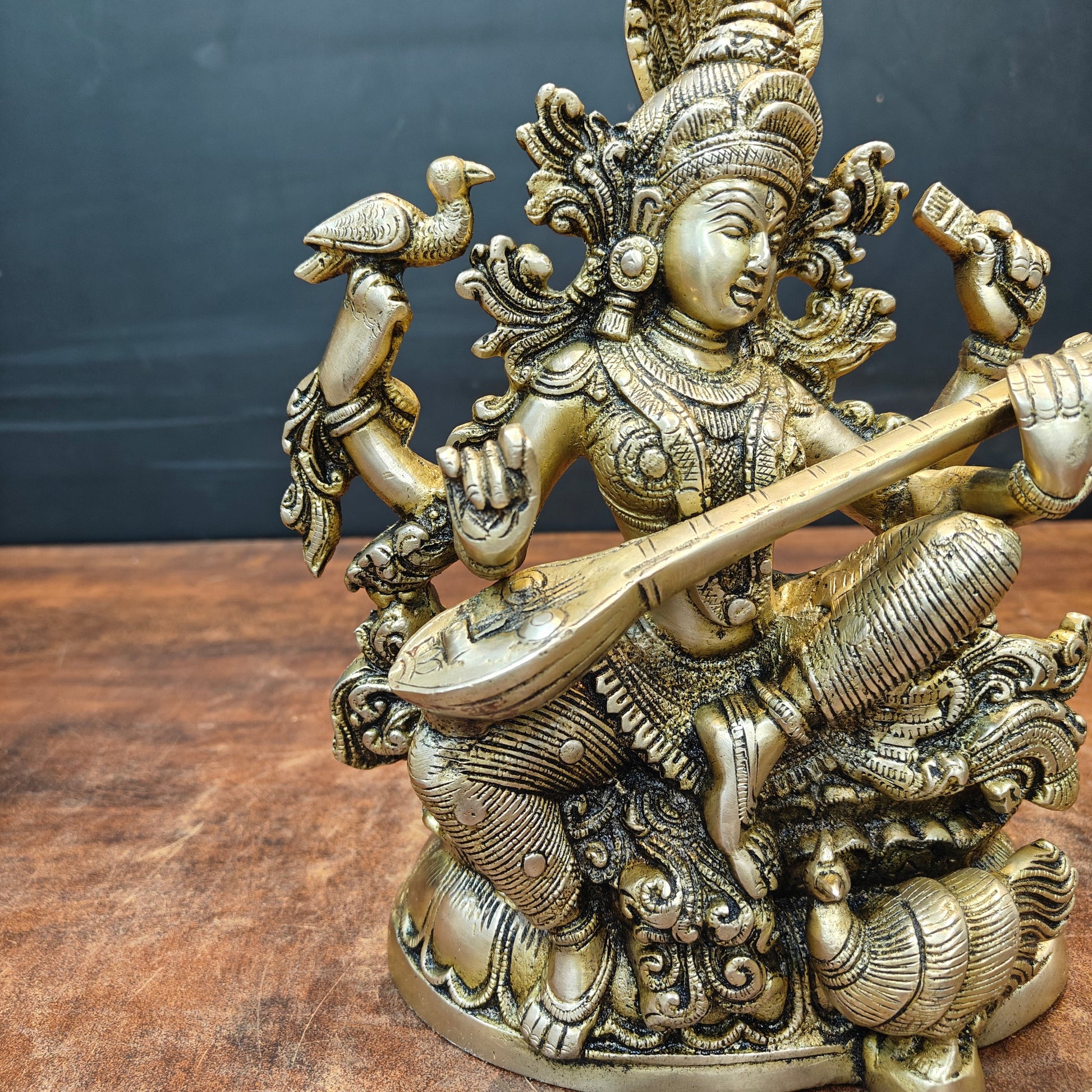 Brass Goddess Saraswati Idol Playing Veena 11 Inches - Image 6