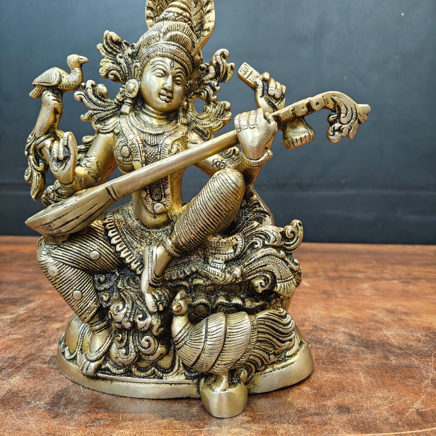 Brass Goddess Saraswati Idol Playing Veena 11 Inches