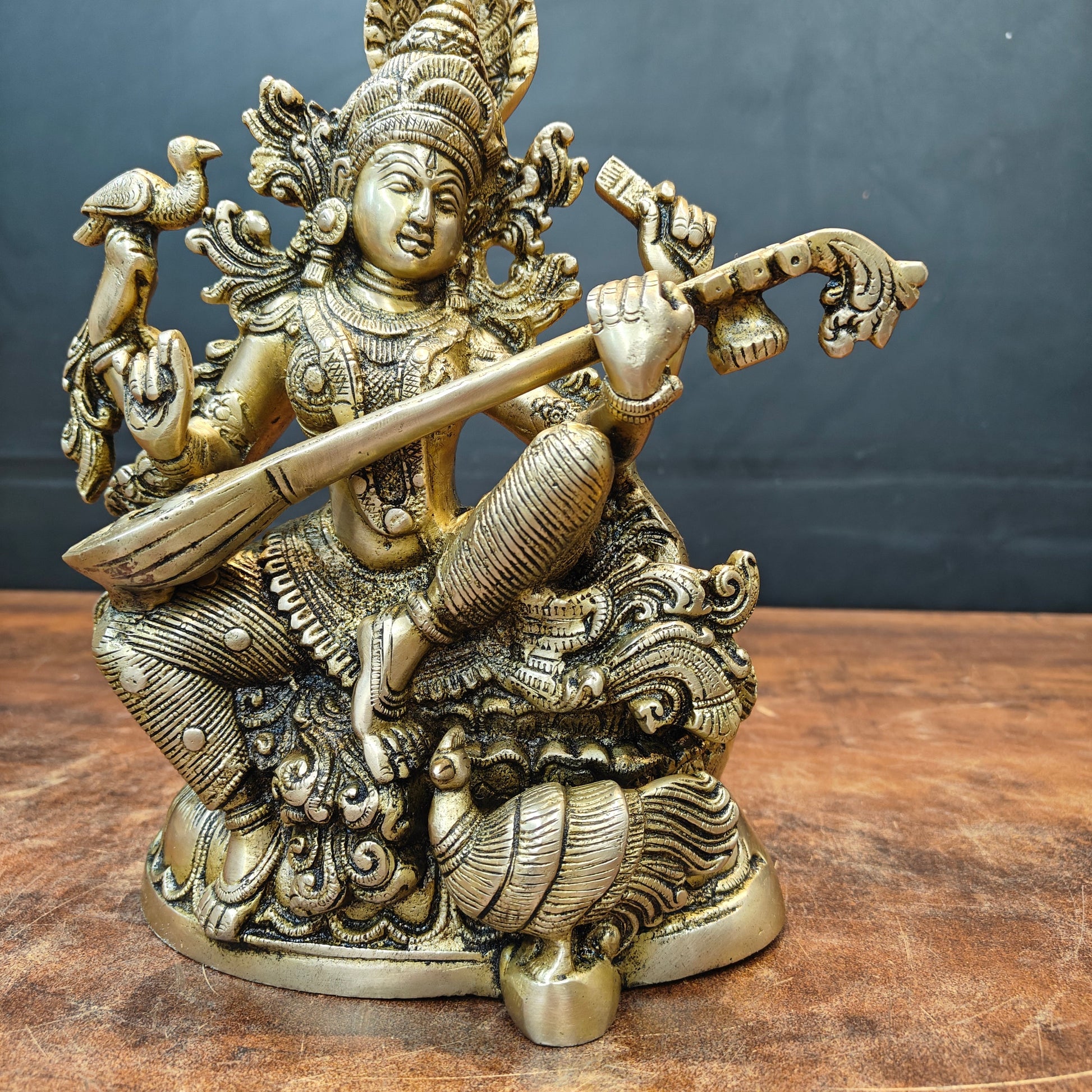 Brass Goddess Saraswati Idol Playing Veena 11 Inches - Image 7