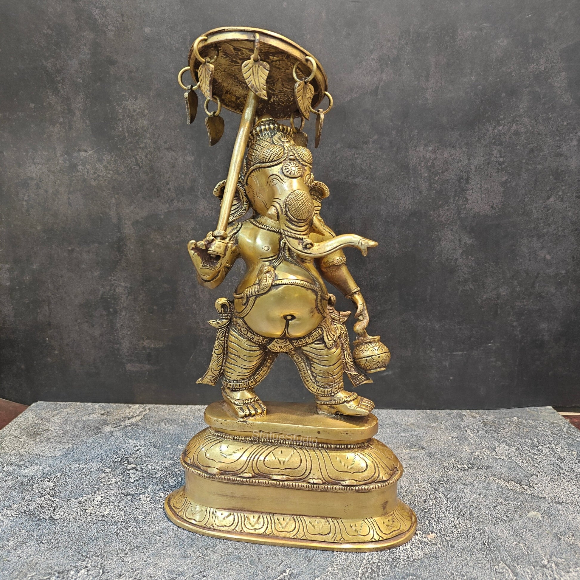 Brass Ganesha Statue with Umbrella and Kamandal 15 Inches - Image 4