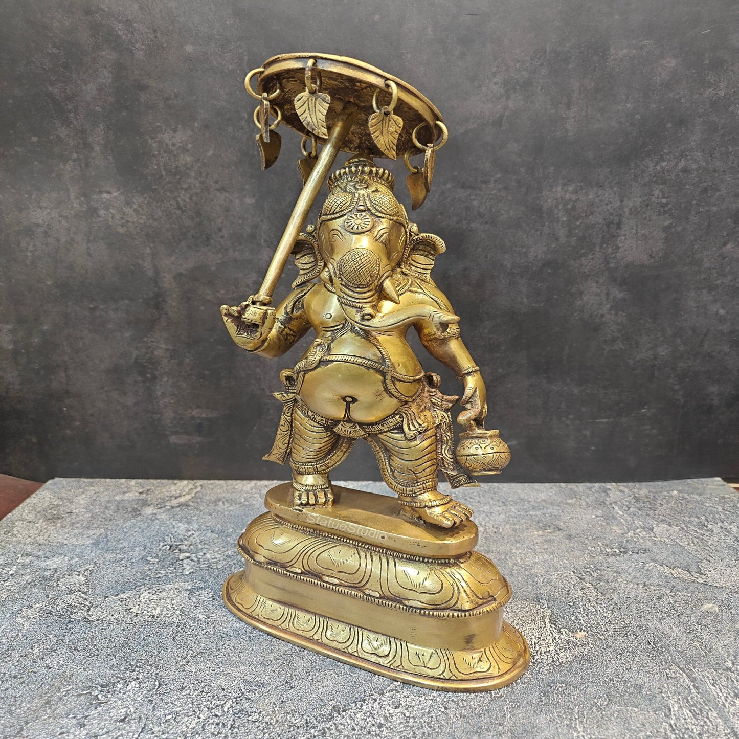 Brass Ganesha Statue with Umbrella and Kamandal 15 Inches