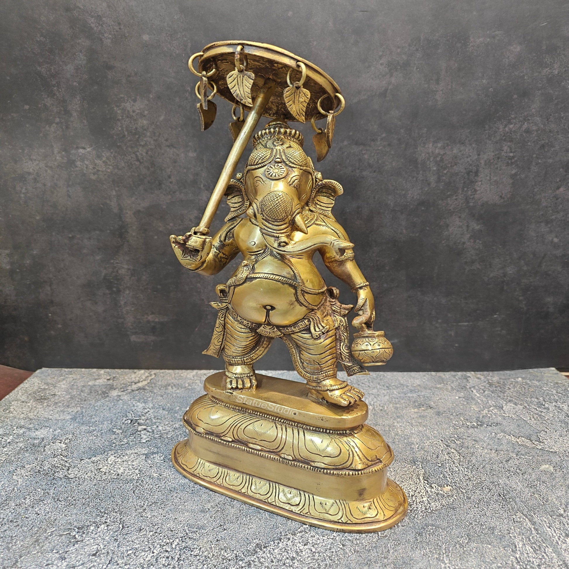 Brass Ganesha Statue with Umbrella and Kamandal 15 Inches - Image 6