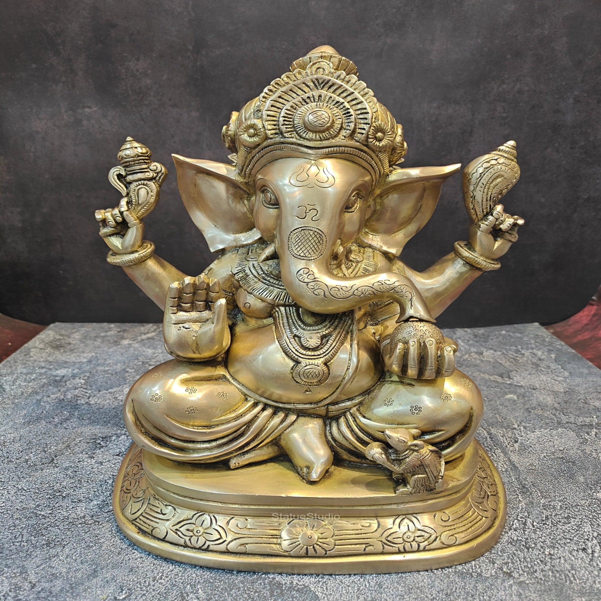 Brass Ganesha Idol Sitting on Base Handcrafted 16 Inches - Image 4